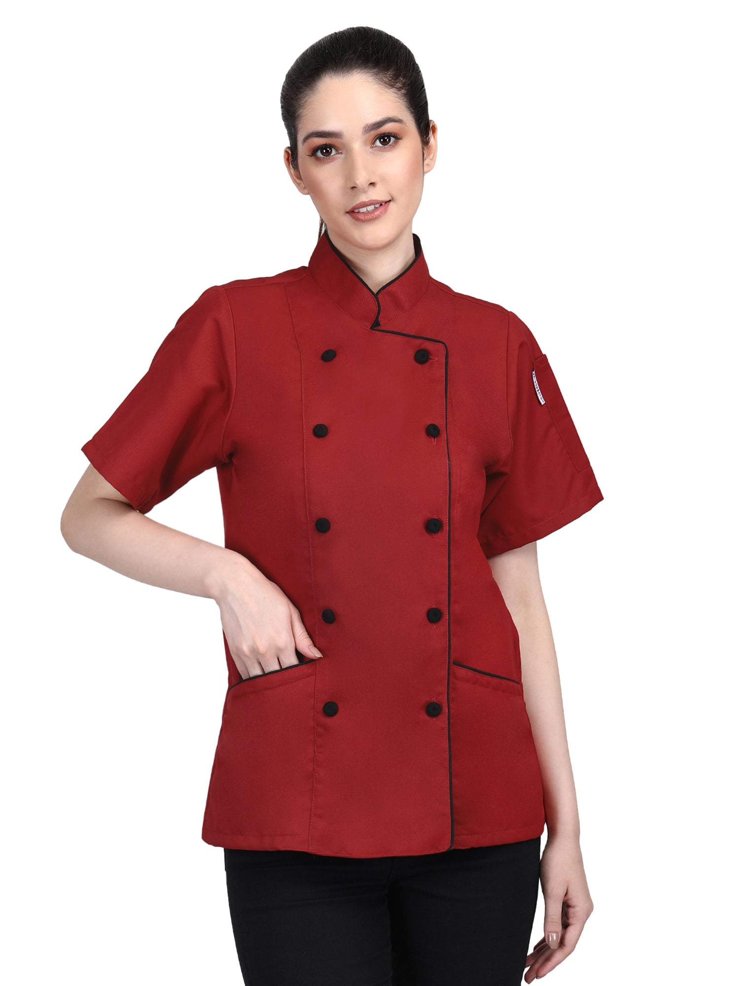 Short Sleeves Tailored Fit Chef Coat Jacket Uniform for Women for Food Service, Caterers, Bakers and Culinary Professional – Red